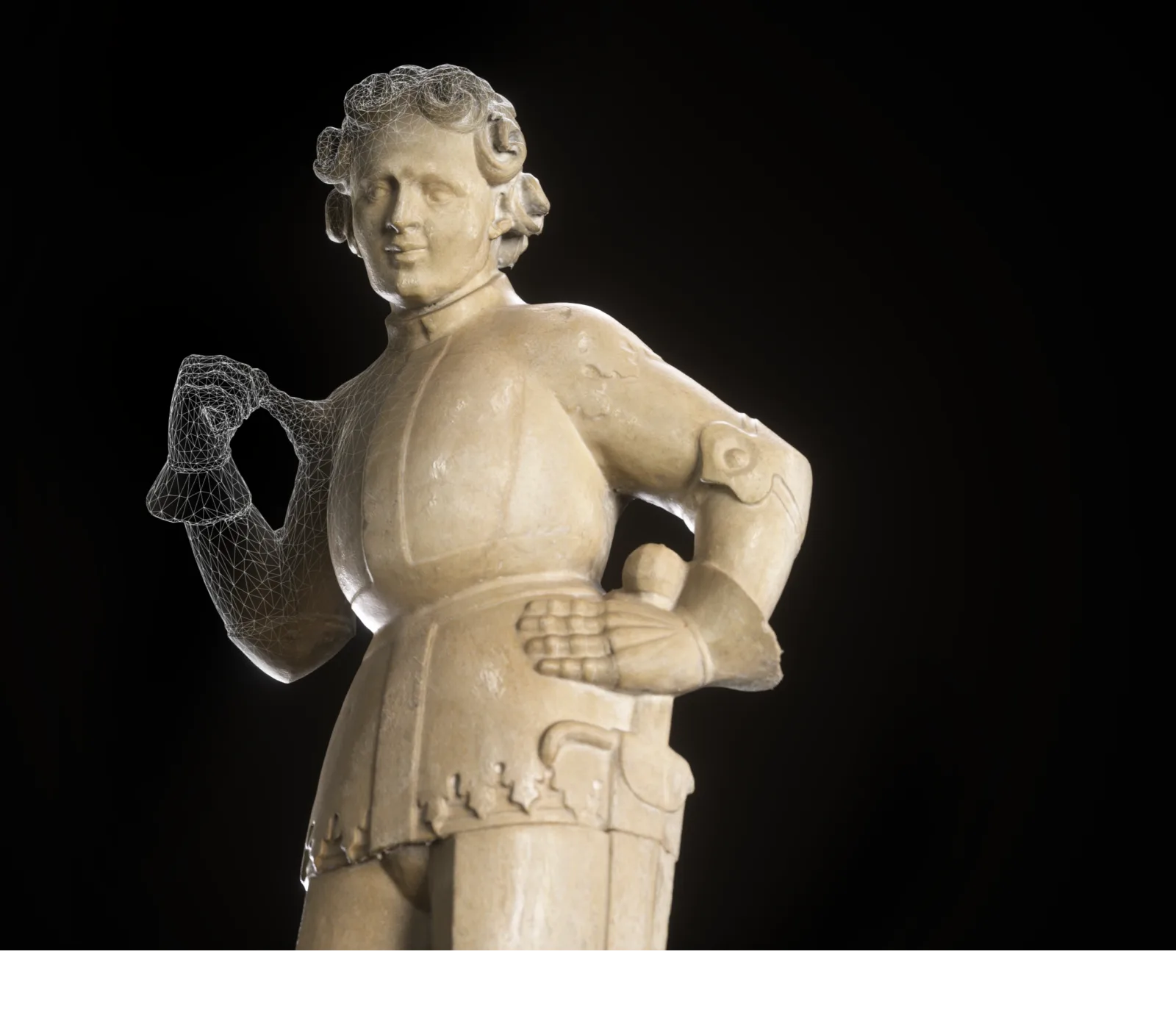 High-fidelity digital twin of a carved statue: one arm still a wireframe mesh, the rest reconstructed at full surface fidelity.