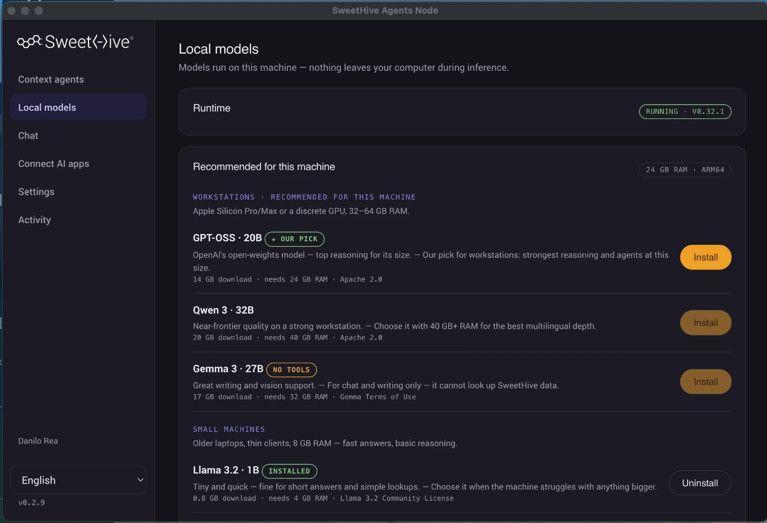 SweetHive Agents Node interface: local models running on this machine, nothing leaves the computer during inference.